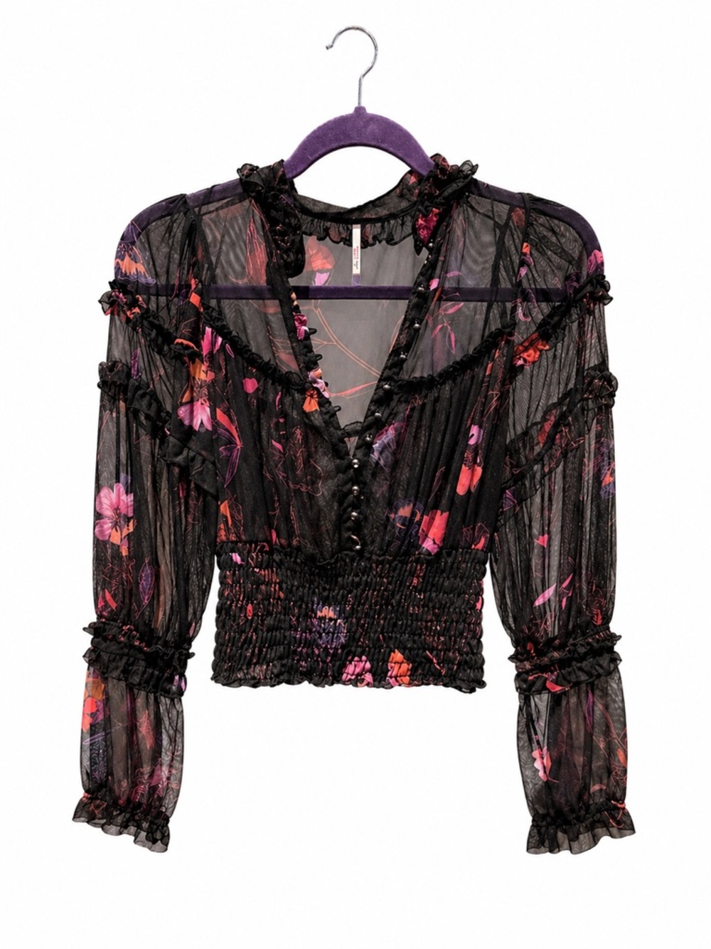 Free People Black Sheer Ruffled Floral Peasant Top with Pink Accents
